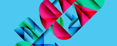 Soyut geometrik şekiller, canlı renkler, dinamik bileşim. Mavi arka plan pembe, yeşil ve kırmızı elementleri vurguluyor. Modern tasarım.