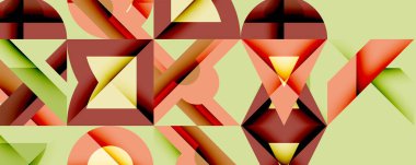 Soyut geometrik desen. Şekiller örtüşüyor, canlı görsel doku oluşturuyor. Renkler arasında kırmızı, yeşil, sarı, kahverengi.