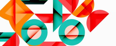 Soyut geometrik bileşim. Üst üste binen şekiller, canlı renkler, modern tasarım. Minimalist estetik, temiz çizgiler, dinamik düzenleme.