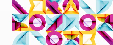 Geometrik şekiller çakışıyor ve canlı bir desen oluşturuyor. Sarı, mor, Cyan egemen tasarım. Modern estetik, temiz çizgiler sunar.