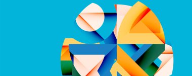 Soyut geometrik şekiller örtüşür ve canlı bir bileşim yaratır. Mavi arkaplan renkli formları vurgular. Modern tasarım ögesi.