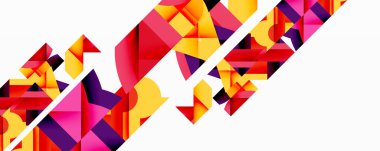 Soyut geometrik tasarım. Canlı üçgenler, dikdörtgenler kesişiyor. Kalın renkler dinamik görsel doku yaratır. Modern, enerjik kompozisyon.