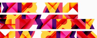 Soyut geometrik şekiller, canlı renkler, tekrarlayan desenler. Kalın tasarım, modern estetik, temiz çizgiler kompozisyona hakim..