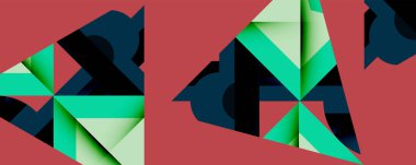 Soyut geometrik şekiller örtüşür, dinamik bileşim yaratır. Teal, donanma, kırmızı arka planda soluk yeşil kontrastlı. Modern tasarım.