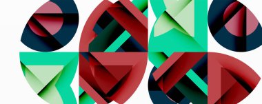 Soyut geometrik bileşim. Üst üste binen daireler, üçgenler dinamik görsel efekt yaratır. Kırmızı, yeşil, donanma renkleri tasarımda baskın..