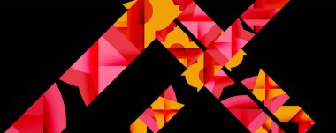 Soyut geometrik şekiller, canlı pembeler, portakallar siyah arkaplana hakim. Açısal formlar dinamik bileşim yaratır. Modern tasarım.