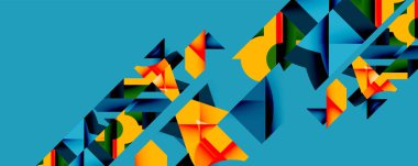 Soyut geometrik şekiller kesişir, dinamik çapraz desen oluşturur. Parlak renkler, deniz mavisi arkaplanı ile tezat oluşturuyor. Modern tasarım.