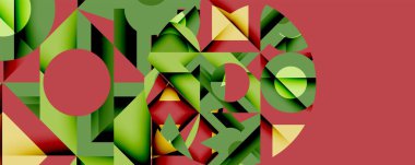 Soyut geometrik bileşim. Şekiller örtüşüyor, dinamik görsel ilgi yaratıyor. Kırmızı, yeşil, sarı renkler dizayna hakim..