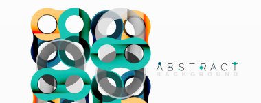 Geometrik desenler üst üste binen daireler, kareler. Teal, turuncu, gri renkler modern tasarım yaratır. Minimalist estetik.