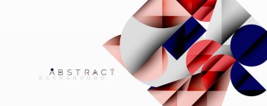 Geometrik şekiller örtüşür, dinamik soyut bileşim yaratır. Kırmızı, mavi, pembe renkler tasarımda baskın. Minimalist stil.