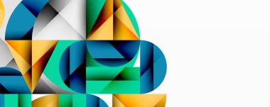 Soyut geometrik şekiller, canlı renkler, modern tasarım. Bileşim üçgenleri, kıvrımları, üst üste binen formları içerir. Temiz estetik, minimalist stil.