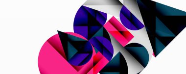 Soyut geometrik şekiller örtüşür, canlı renk zıtlıkları yaratır. Bileşik üçgenler, daireler, dinamik formlar.