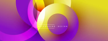 Soyut daireler örtüşüyor, parlak mor renkler yaratıyor, sarı renkler. Modern tasarım, pürüzsüz geçişler, dinamik kompozisyon.