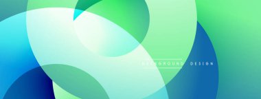 Soyut tasarım özellikleri üst üste binen daireler, gradyanlar. Renkler maviden yeşile doğru değişiyor, pürüzsüz geçişler yaratıyor. Minimalist estetik.