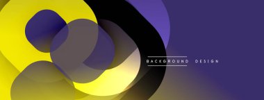 Soyut şekiller örtüşüyor, canlı renk değişimleri yaratıyor. Sarı, mor, siyah renkler kompozisyona hakim. Modern tasarım ögesi.