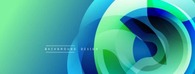 Soyut tasarım katmanlı daireler, canlı maviler, yeşiller. Pürüzsüz gradyanlar dinamik görsel efekt yaratır. Modern, temiz estetik.