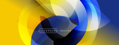 Soyut geometrik tasarım. Üst üste binen daireler dinamik görsel efekt yaratır. Parlak sarı, mavi renkler kompozisyona hakim. Modern biçim.