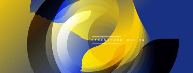 Soyut sıvı şekilleri kesişir. Sarı, mavi, gri tonlar dinamik kompozisyon oluşturur. Arka planlar için modern tasarım ögesi.