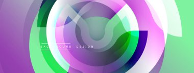 Soyut katmanlar dinamik dairesel bileşim yaratır. Yumuşak gradyanlar mor, yeşil, beyaz renkleri harmanlarlar. Modern tasarım ögesi.