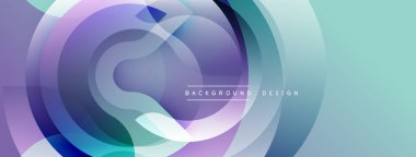 Soyut çemberler çakışıyor, yumuşak eğimler yaratıyor. Mor, deniz mavisi, beyaz renkler düzgün bir şekilde harmanlanır. Arka planlar için modern tasarım ögesi.