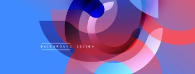Soyut renkli tasarım. Üst üste binen daireler dinamik görsel efekt yaratır. Mavi, kırmızı, mor renkler kompozisyona hakim. Modern estetik.