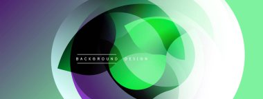 Soyut tasarım özellikleri üst üste binen daireler, gradyanlar. Mor, yeşil, beyaz renkler modern görsel efektler yaratır. Yumuşak geçişler kompozisyona hakim..