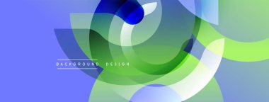 Soyut kompozisyon. Üst üste binen daireler, kareler dinamik görsel efektler yaratır. Gradyan rengi mavi, yeşil, lacivert arkaplan.