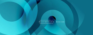 Soyut mavi katmanlar dinamik dairesel desen oluşturur. Modern tasarım derinliği, akıcılığı ve karmaşıklığı çağrıştırıyor. Minimalist estetik.