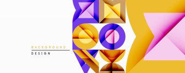 Soyut geometrik bileşim. Canlı renkler karışıyor, dinamik şekiller yaratıyor. Çemberler, üçgenler, dikdörtgenler üst üste binerek modern tasarımı oluşturuyorlar. Gradyan renkler derinlik ve görsel ilgi ekler.