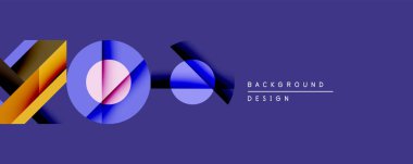 Soyut geometrik bileşim. Üst üste binen daireler, çizgiler dinamik görsel efekt yaratır. Mor arkaplan canlı renk şemasını geliştirir. Modern tasarım ögesi.