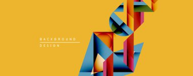 Soyut geometrik şekiller örtüşür, dinamik bileşim yaratır. Canlı renkler, maviler, altın sarısı arka planlı portakal kontrastı. Dijital projeler için modern tasarım ögesi.