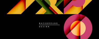 Soyut geometrik şekiller siyah arkaplanda kesişir. Canlı renkler modern tasarım yaratır. Üçgenler, daireler, katmanlar dinamik görsel deneyimler sunuyor. Minimalist estetik.