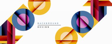 Soyut geometrik bileşim. Üst üste binen daireler, kareler dinamik görsel efektler yaratır. Modern tasarım canlı renkler ve gradyanlar kullanır. Minimalist estetik.