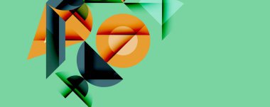 Soyut geometrik bileşim. Üst üste binen şekiller, dinamik görsel ilgi yaratır. Turuncu, deniz mavisi, koyu mavi renkler açık yeşil arkaplana hakim. Modern tasarım elemanları.