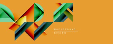 Soyut geometrik şekiller örtüşür, dinamik bileşim yaratır. Sıcak turuncu arka plan yeşil, kırmızı ve mavi renkleri tamamlıyor. Dijital projeler için modern tasarım ögesi.