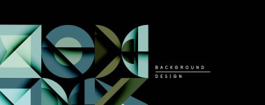 Soyut geometrik bileşim. Üst üste binen şekiller, siyah arkaplana karşı serin, mavi, gri renkler kullanarak derinlik yaratır. Dijital projeler için modern tasarım ögesi.