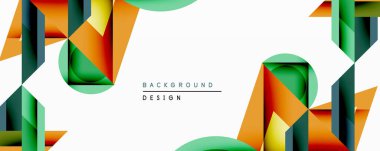 Soyut geometrik şekiller canlı bir zemin oluşturur. Turuncu, yeşil, mavi renkler harmanlanarak dinamik bileşim oluşturuyor. Modern tasarım temiz çizgileri, gradyanları vurgular. Minimalist estetik çeşitli uygulamalara uyuyor.