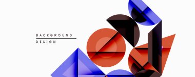 Soyut geometrik bileşim. Üst üste binen şekiller dinamik görsel efekt yaratır. Mavi, kırmızı, siyah renkler tasarımda baskın. Modern tarz, temiz çizgiler, minimalist estetik..