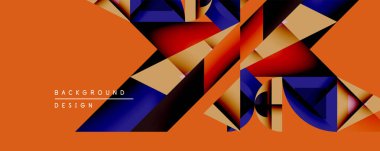 Soyut geometrik bileşim. Turuncu arka plan, üst üste binen çokgen şekilli altın, kırmızı, deniz kuvvetleri. Modern tasarım derinliği, dinamizmi, görsel ilgiyi çağrıştırıyor. Minimalist estetik.