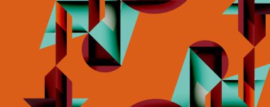 Soyut geometrik bileşim. Kalın şekiller kesişir, dinamik görsel ritim yaratır. Turuncu arka plan, deniz mavisi ve bordo elementlerle tezat oluşturuyor. Modern tasarım, temiz çizgiler, minimalist estetik.