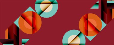 Soyut geometrik bileşim. Üst üste binen daireler, kareler dinamik görsel ritim yaratır. Sıcak renkler koyu kestane rengi arka plandaki serin tonlara zıt düşer. Modern tasarım.