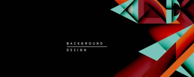 Soyut geometrik şekiller örtüşür, dinamik bileşim yaratır. Kırmızı, deniz mavisi, turuncu renkler koyu arkaplanla tezat oluşturuyor. Dijital projeler için modern tasarım ögesi.