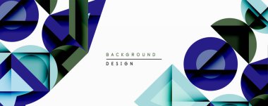 Soyut geometrik tasarım, üst üste binen daireler, üçgenler, kareler. Gölgeler mavi, deniz mavisi, yeşil dinamik görsel efekt yaratır. Çeşitli projeler için modern arkaplan.