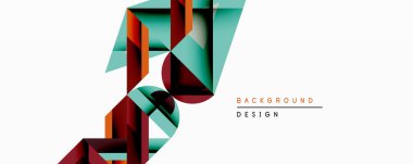 Soyut geometrik tasarım katmanlı çokgen şekiller içerir. Renkler arasında deniz mavisi, turuncu, kestane rengi var. Minimalist stil modern görsel etki yaratır. Temiz çizgiler bileşimi tanımlar.