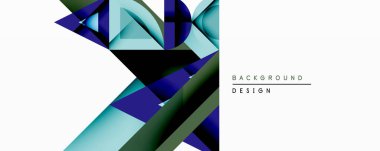 Soyut geometrik şekiller örtüşür, dinamik bileşim yaratır. Mavi, yeşil renkler beyaz uzayda dizaynın baskın renkleri. Modern, minimalist estetik.