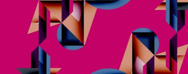 Soyut geometrik bileşim. Kalın şekiller örtüşür, dinamik görsel efekt yaratır. Pembe arka plan, bronz ve donanma elementleriyle çelişiyor. Modern tasarım, temiz çizgiler, canlı renkler.