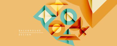 Soyut geometrik bileşim. Üst üste binen şekiller dinamik görsel efekt yaratır. Sıcak renk paleti baskın, turuncu, bej, turkuaz renkler. Modern tasarım ögesi.