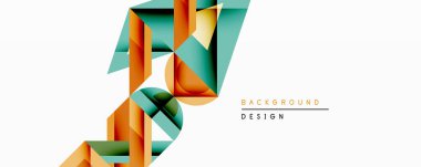 Soyut geometrik tasarım üst üste binen şekiller içerir. Turuncu, deniz mavisi, koyu yeşil renkler dinamik kompozisyon oluşturur. Minimalist tarz, modern estetik, uygun arkaplan ögesi.