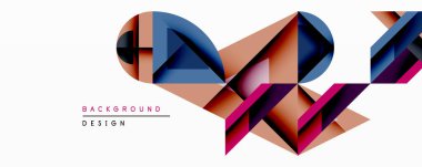 Soyut geometrik bileşim. Şekiller çakışıyor, dinamik görsel etki yaratıyor. Renkler arasında mavi, turuncu, pembe, mor var. Arka planlar için modern tasarım ögesi.