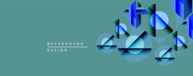 Soyut geometrik tasarım, üst üste binen mavi şekiller. Daireler, üçgenler, deniz mavisi arkaplanına karşı katmanlı derinlik yaratır. Modern, minimalist estetik.